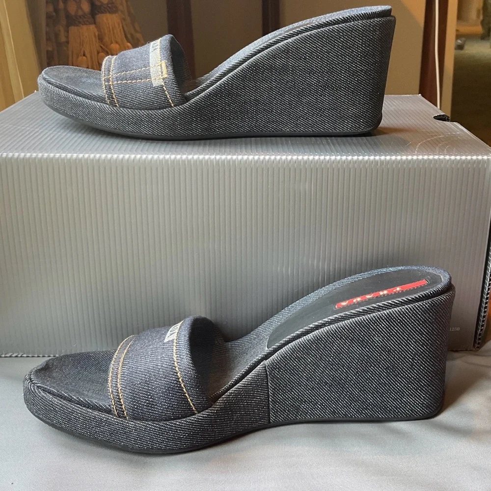 Prada Denim Wedge Slides, Size 36.5 - Picture 3 of 10